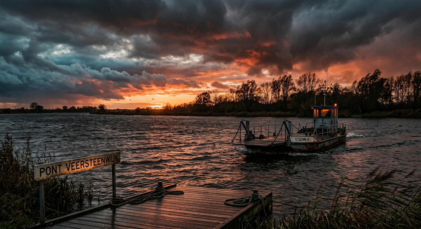 AI-generated photo: a deserted ferry on a river in a stormy autumn evening