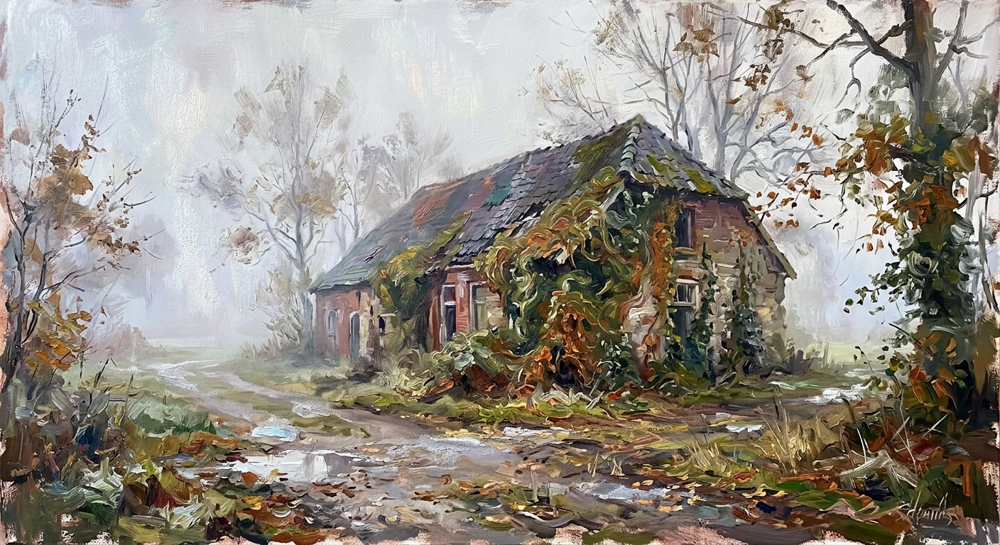 Expressionist painting of an abandoned farmhouse covered in ivy on a misty autumn morning