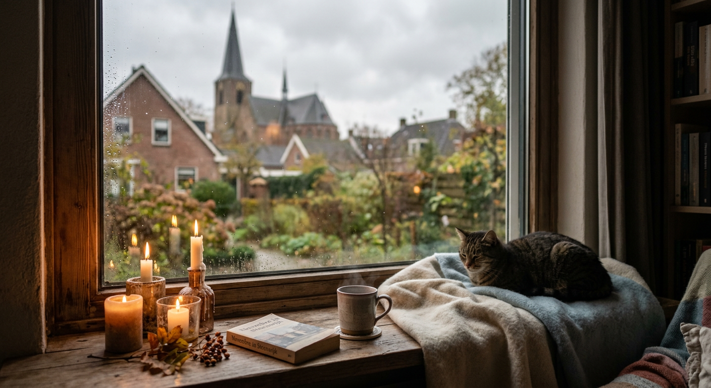 A candlelit windowsill in autumn — AI generated photo