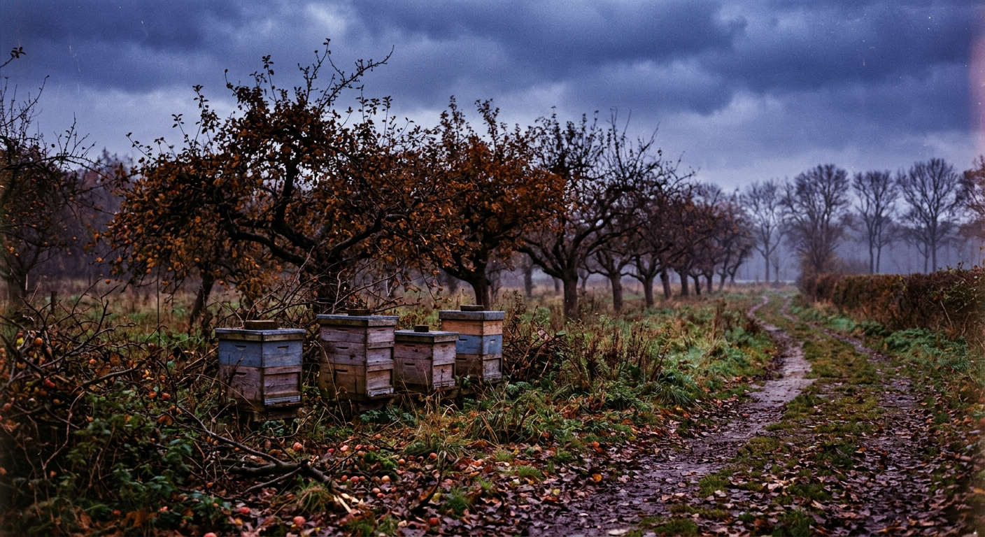 AI generated photo: abandoned orchard with beehives on an autumn afternoon