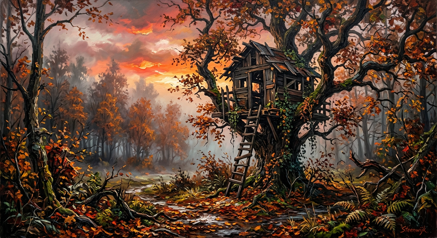 AI artwork: an abandoned treehouse in autumn, oil painting at sunset