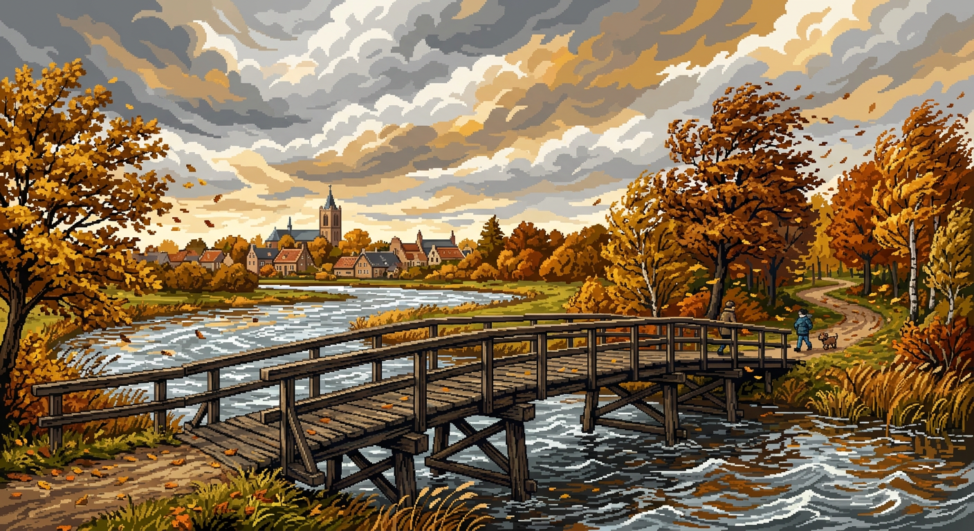 AI artwork: an old wooden bridge with railings in pixel art on a windy October day