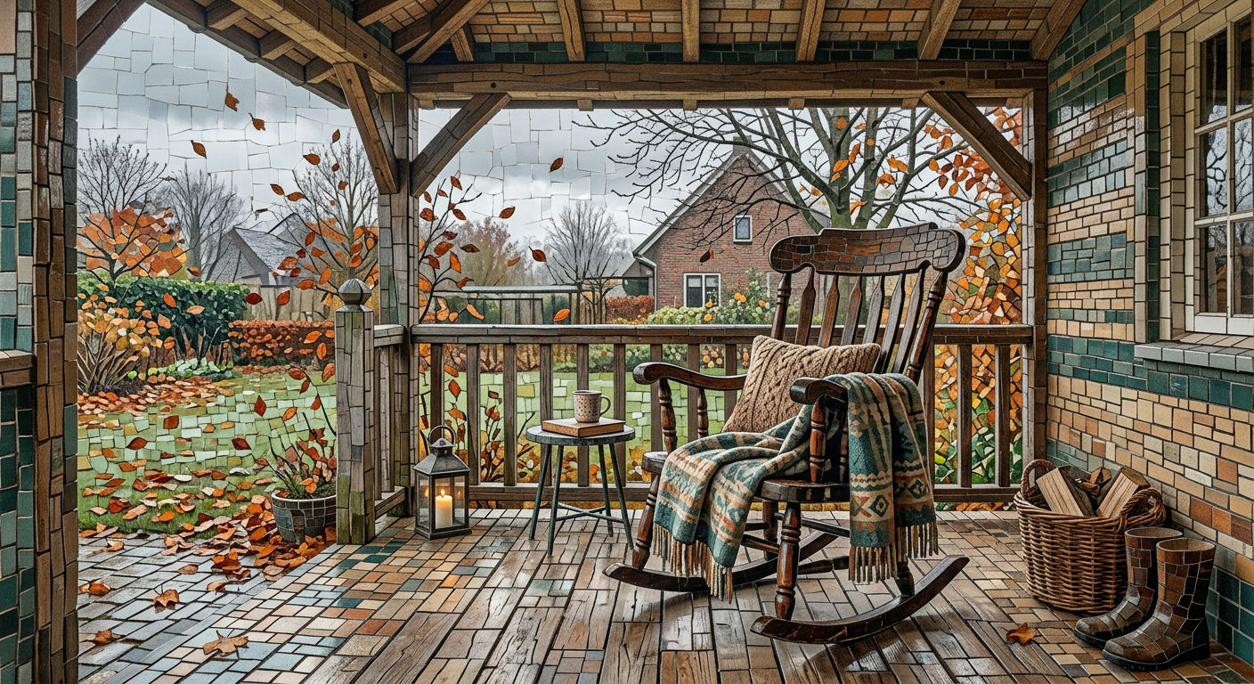 AI artwork: an abandoned rocking chair on a porch in mosaic style on a bleak autumn afternoon