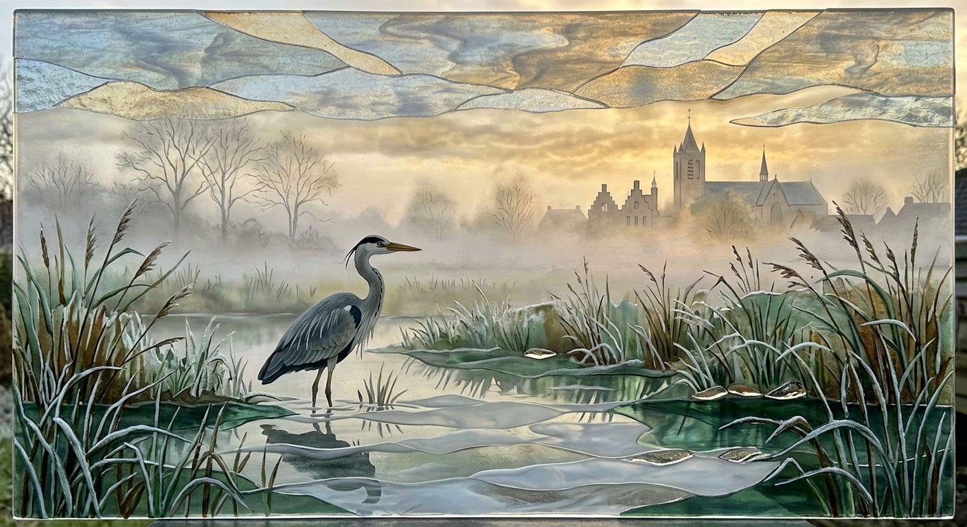 AI generated image — eenzame reiger in de ochtendmist, smaragd en jade