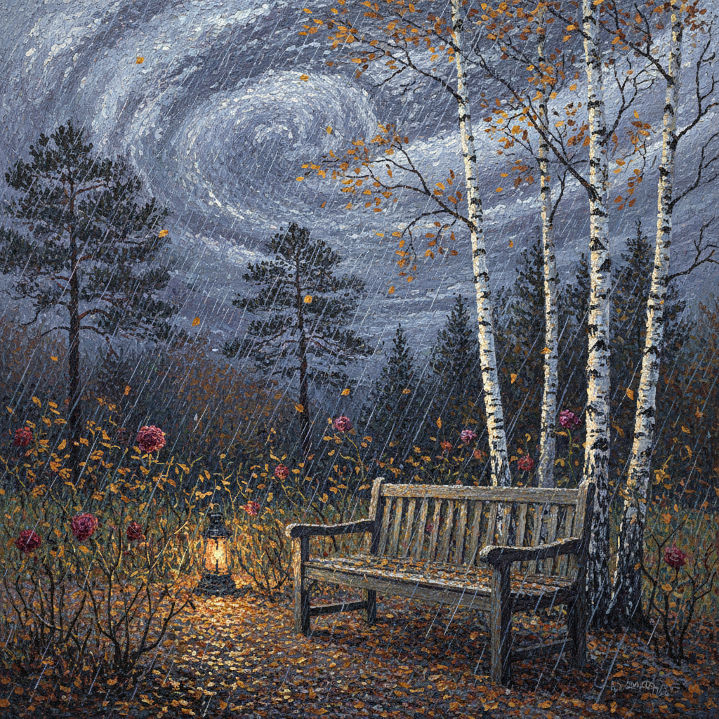 AI generated image — old wooden bench in a rose garden on a stormy autumn evening, pointillism, pine needle and birch