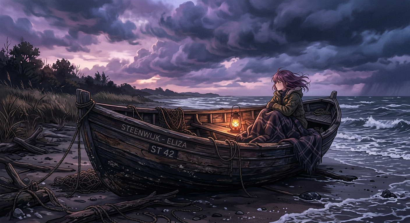 AI generated photo — old wooden boat on the beach in a stormy autumn evening