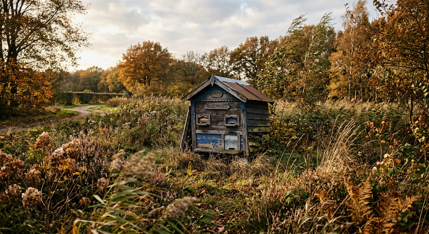 Abandoned bee house in the sun on a windy October day
