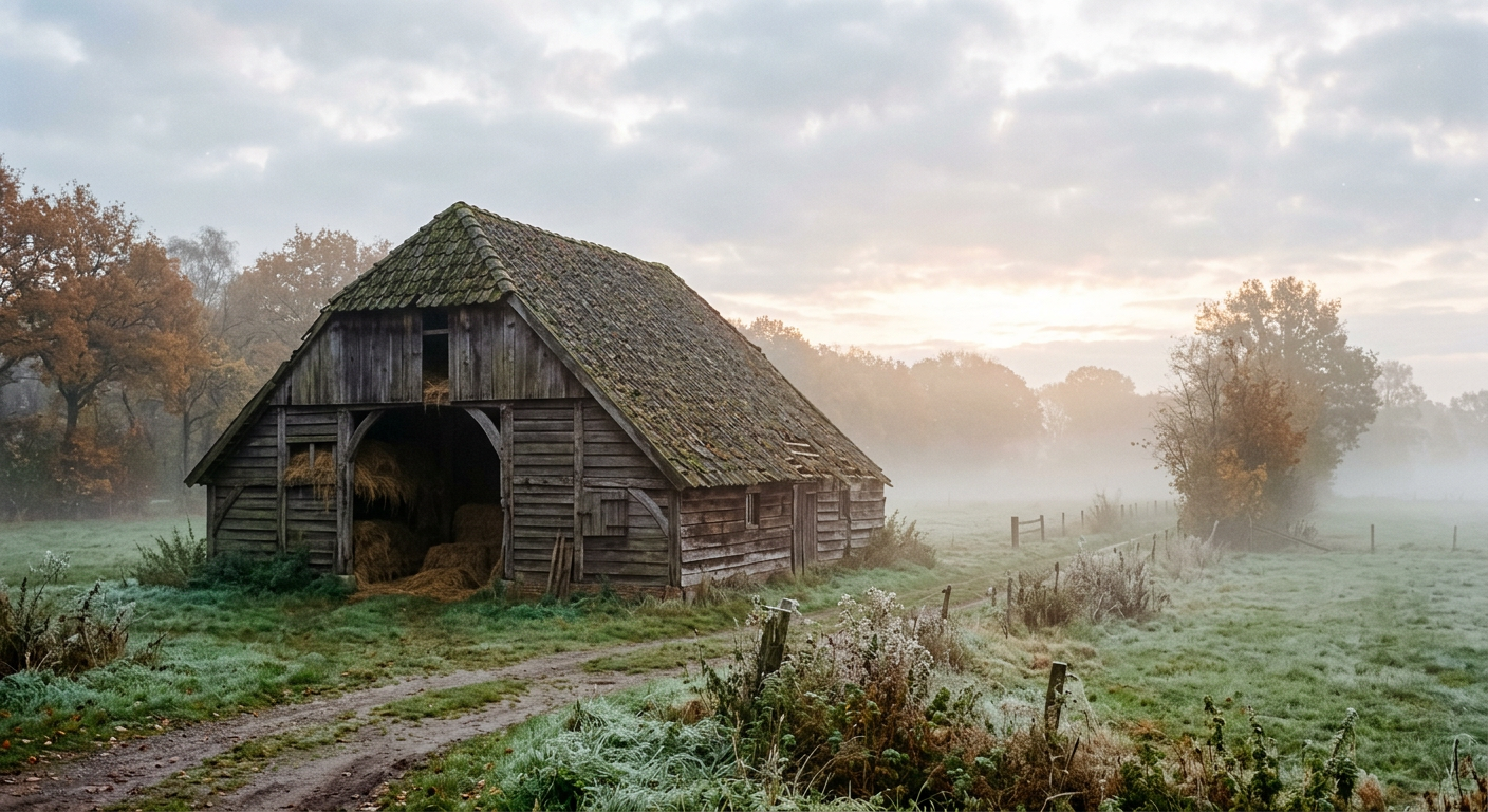 Old hay barn at sunrise on a misty autumn morning