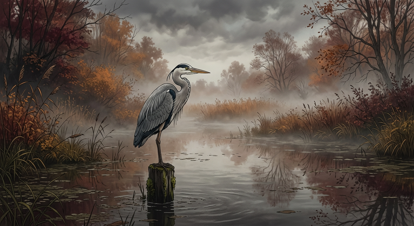 AI generated photo: a solitary heron in autumn mist