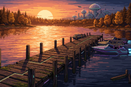 Daily AI Photo, October 11, 2026 — a golden November day with an old wooden jetty, a futuristic city and autumn woods, in pixel art