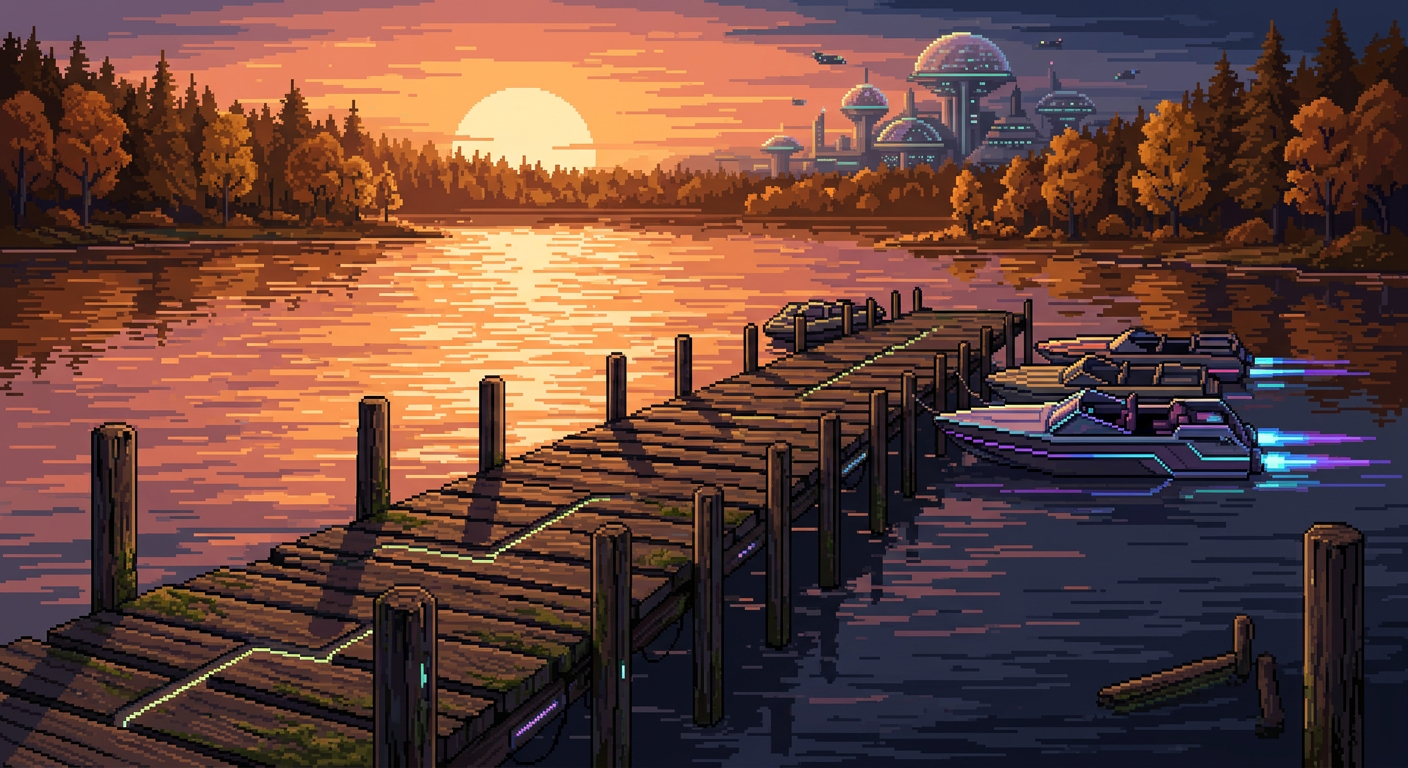 Daily AI Photo, October 11, 2026 — a golden November day with an old wooden jetty, a futuristic city and autumn woods, in pixel art