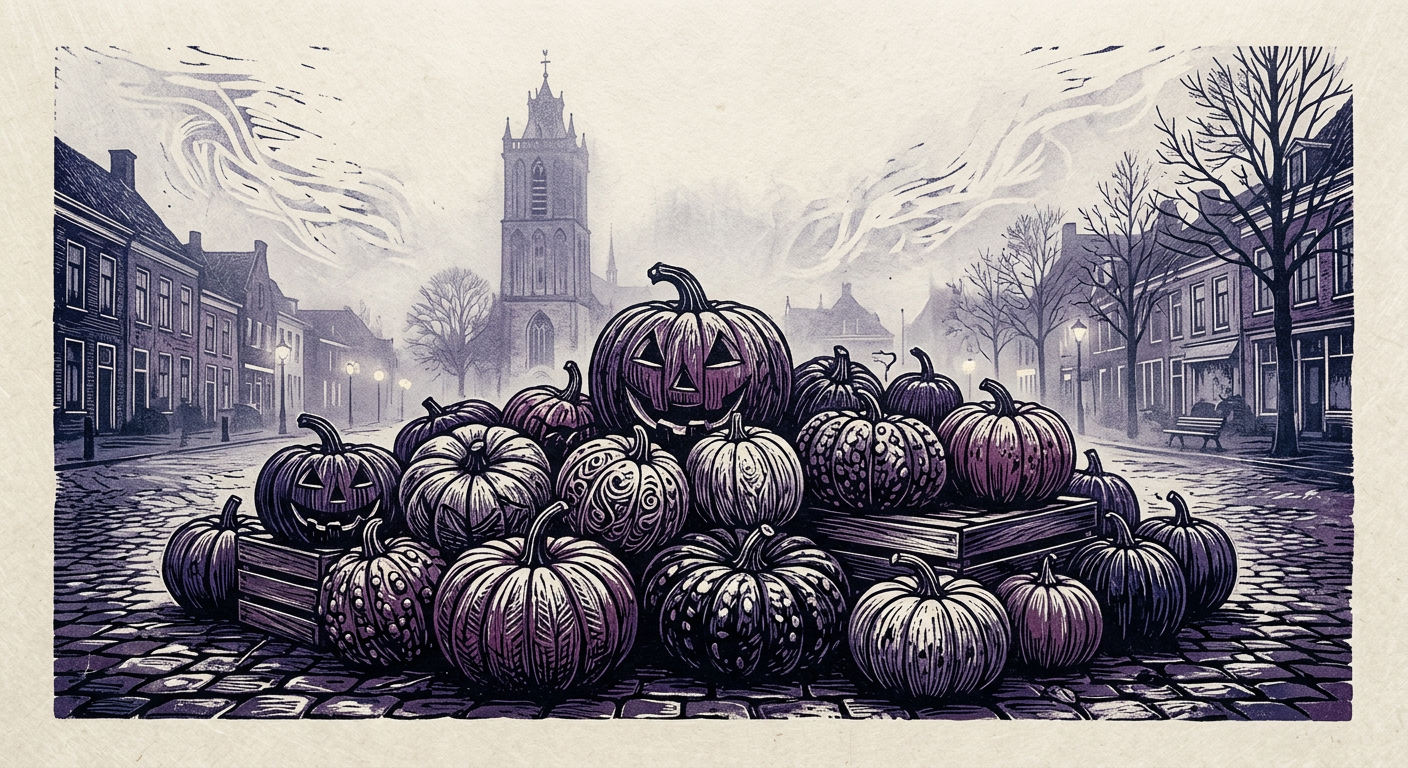 Linocut of a pile of pumpkins on a misty autumn morning in a historic town square