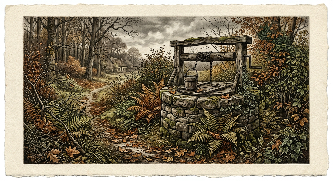 Old stone well with ferns on a bleak autumn afternoon, etching style