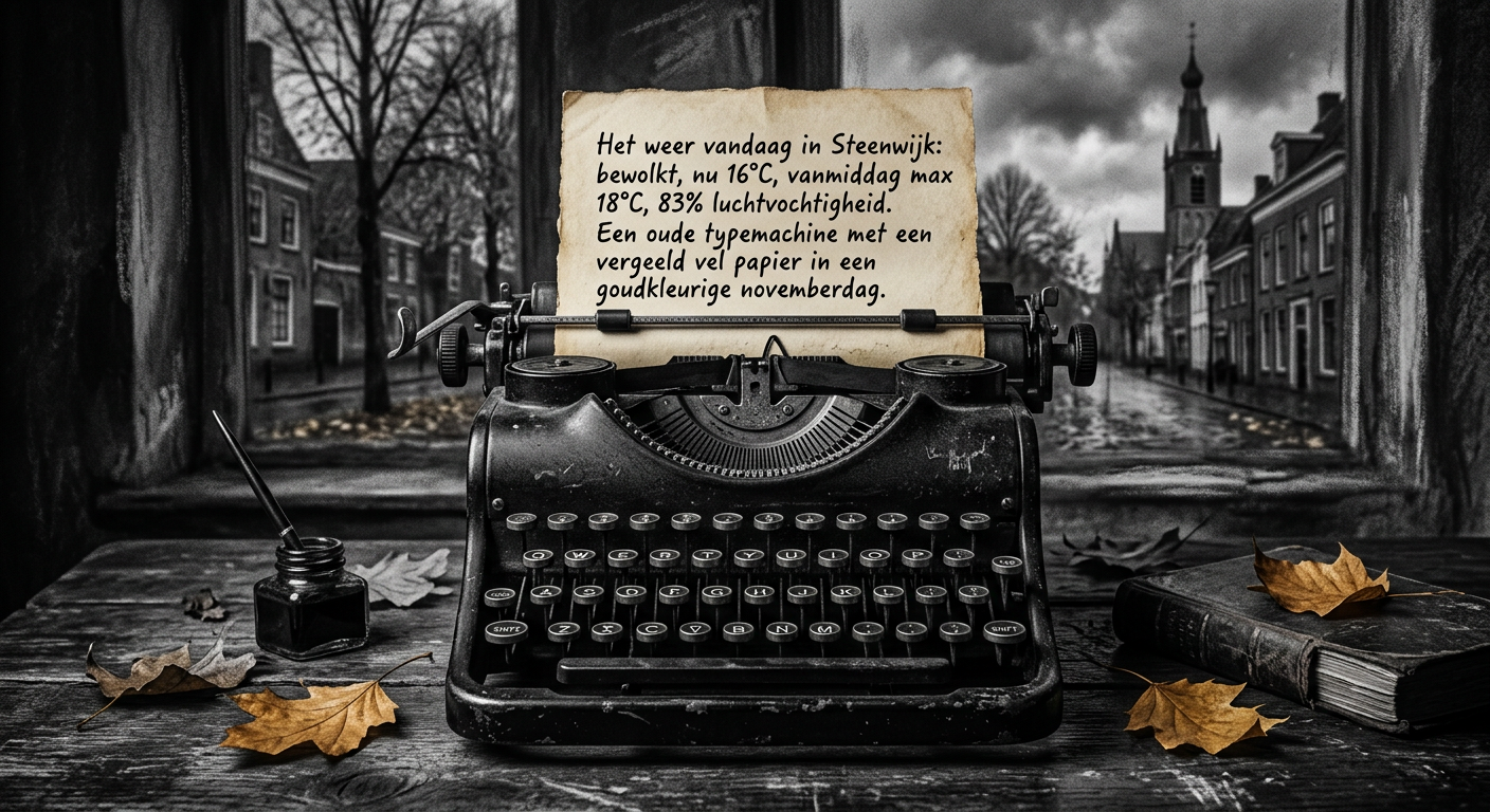 Vintage typewriter with a yellowed sheet of paper on a wooden table in front of a window overlooking a historic Dutch street