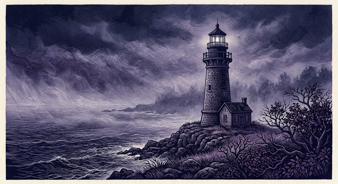 Woodcut of a solitary lighthouse on a cliff in a stormy night, deep purple and indigo