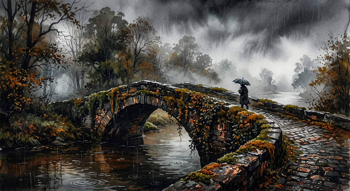 Watercolour of an old arched stone bridge covered in moss and ivy, with a lone walker with an umbrella crossing in the autumn rain