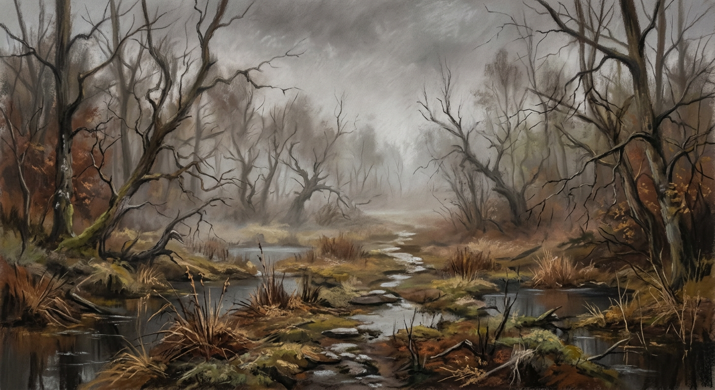 Pastel drawing of a desolate swamp forest in mist, rust-brown and ochre autumn tones