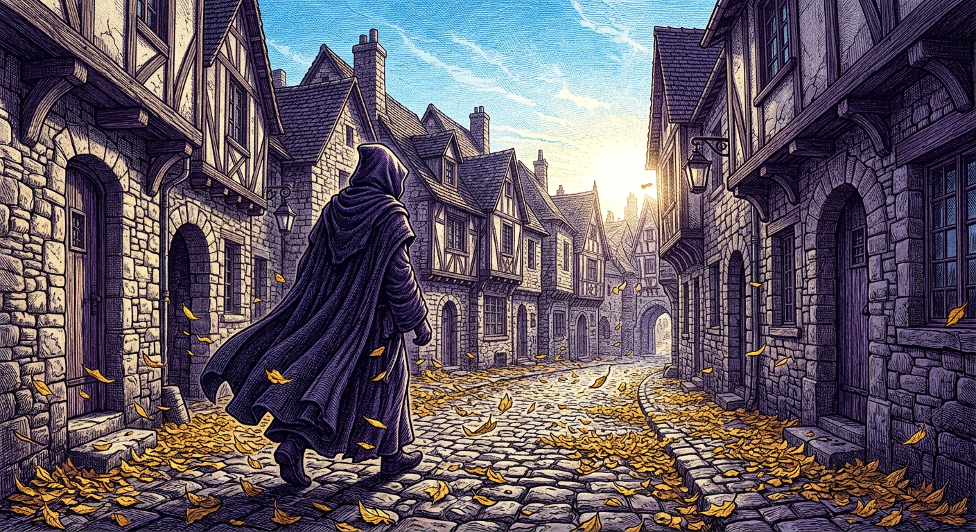 Etching-style AI illustration of a hooded figure walking down a sunny autumn street in an old village
