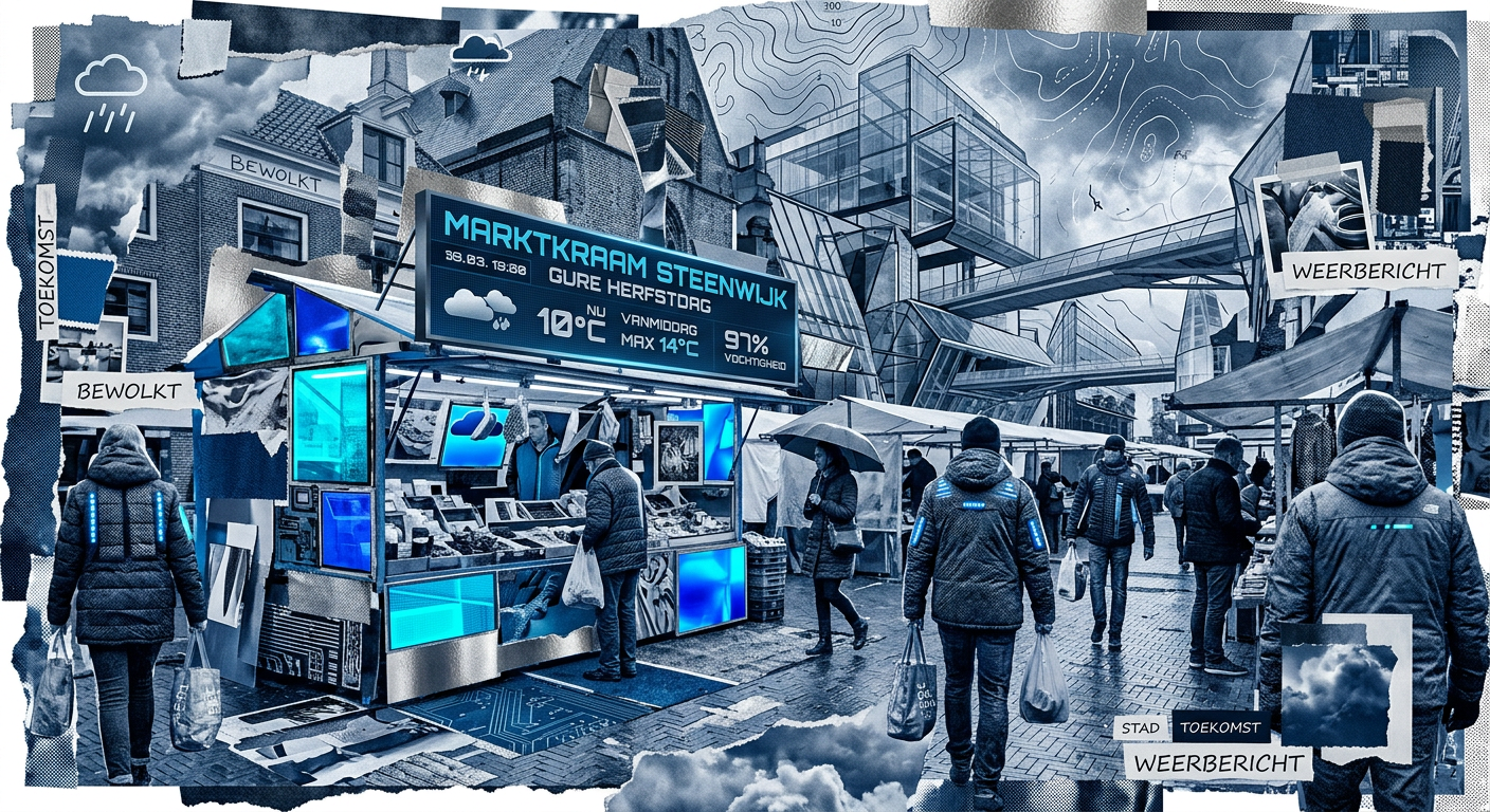 Futuristic monochrome blue collage of a market stall on a square in Steenwijk, with passers-by in warm clothing