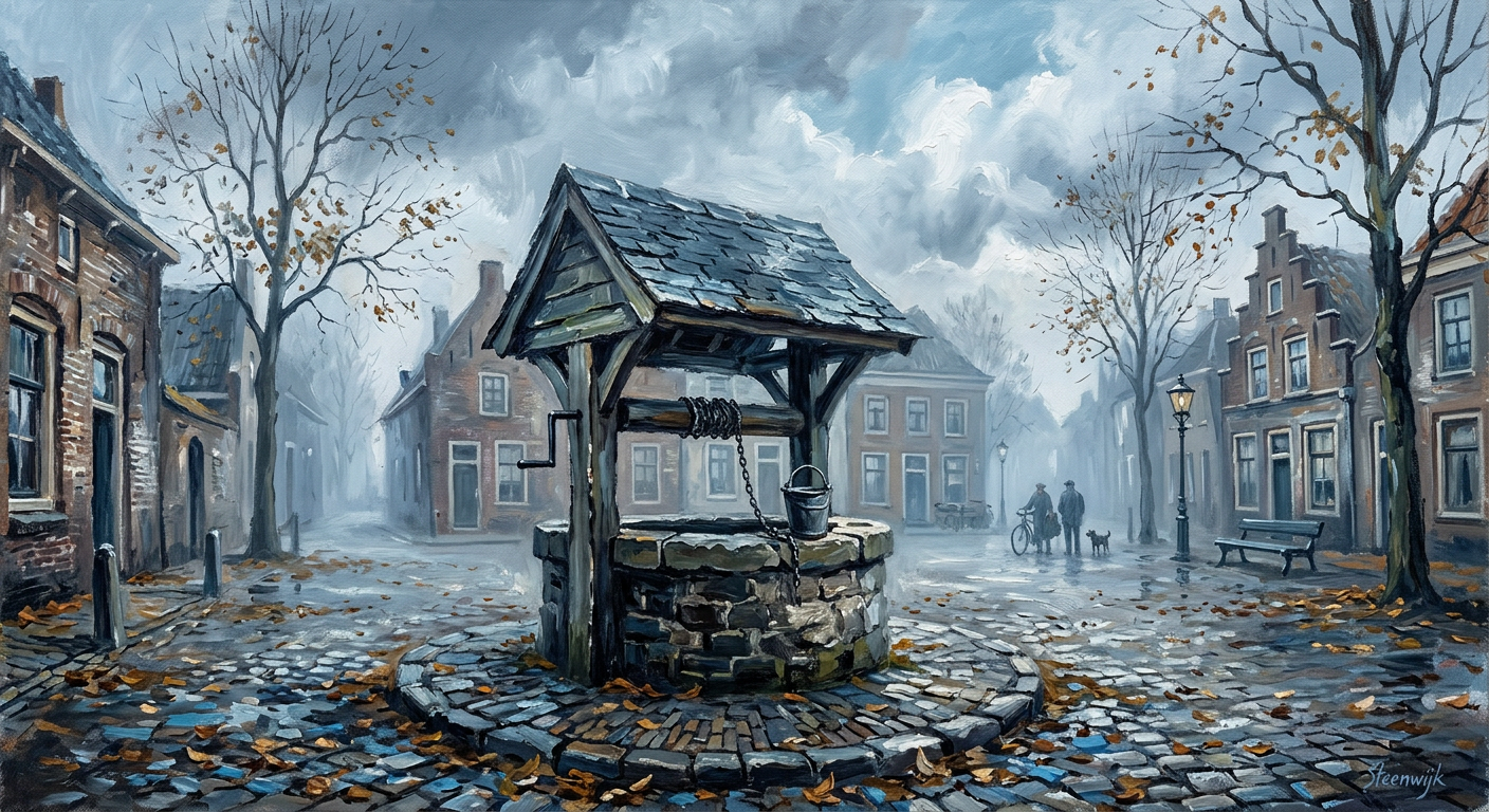 Expressionist painting of an old stone well on a cobbled village square in a misty autumn morning