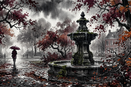 AI generated photo: old stone fountain in a park on a rainy autumn afternoon