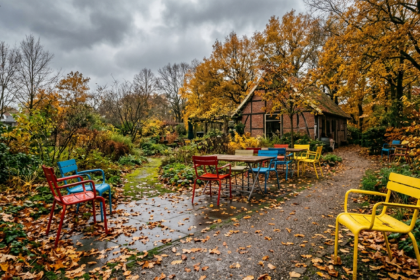 AI generated photo: an abandoned tea garden with empty colourful chairs on an overcast autumn day
