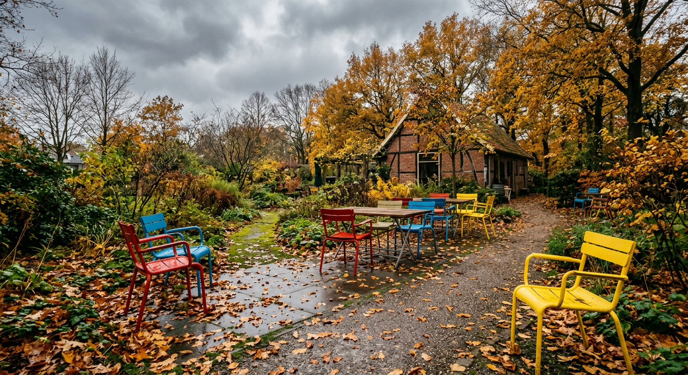 AI generated photo: an abandoned tea garden with empty colourful chairs on an overcast autumn day