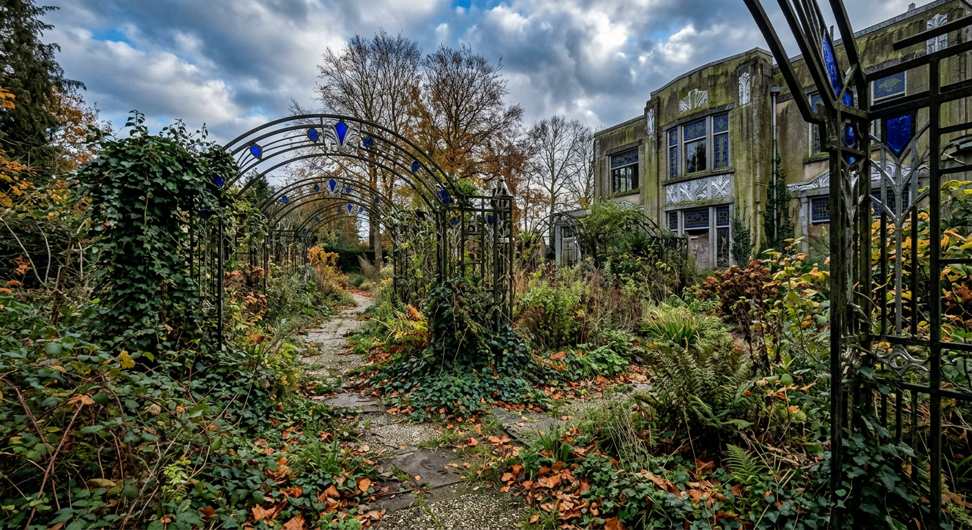 AI generated photo: abandoned garden with overgrown path beneath wrought-iron arches on a windy October day