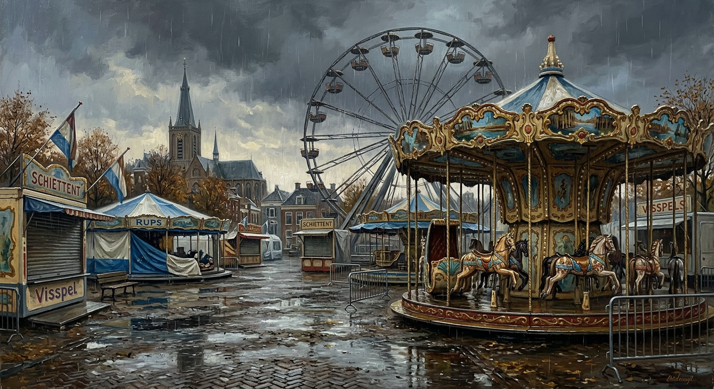 Deserted funfair on a rainy autumn town square: carousel, stalls, Ferris wheel and a Gothic church spire, oil-painting style