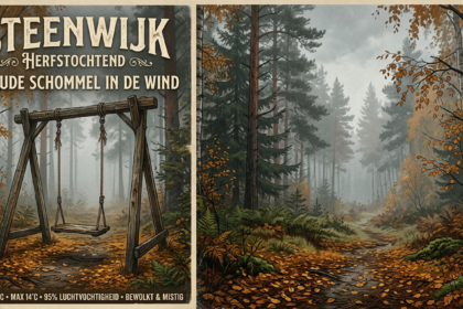 AI-generated image: wooden swing in a misty autumn morning, retro poster