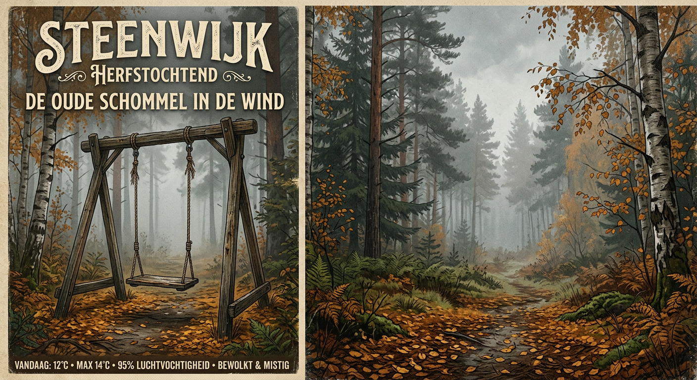 Retro poster illustration of an empty wooden swing on a misty autumn forest path