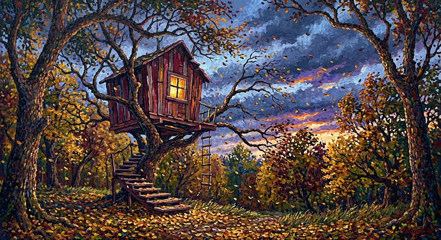AI-generated painting of a wooden treehouse in an autumn forest at twilight