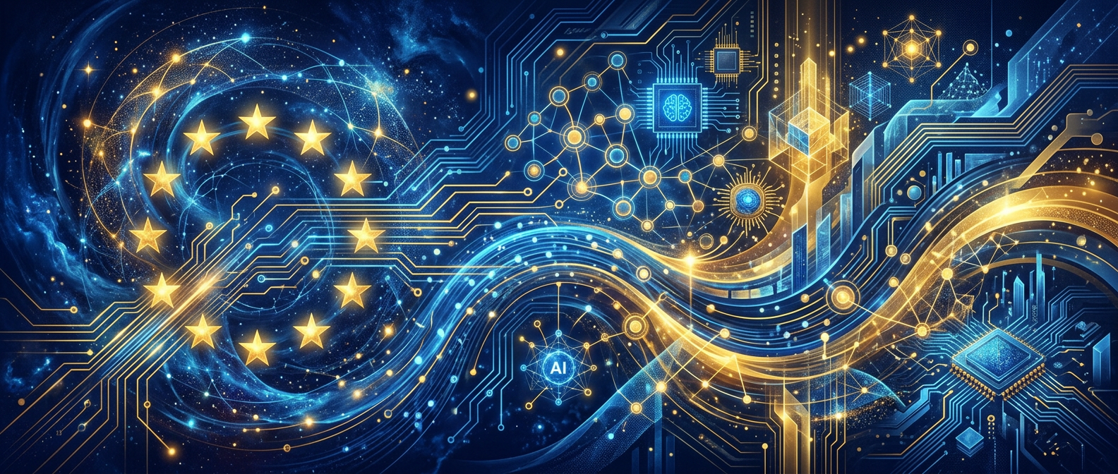 EU AI en soevereiniteit — abstracte Europese kaart met datalijnen, donkerblauw en teal