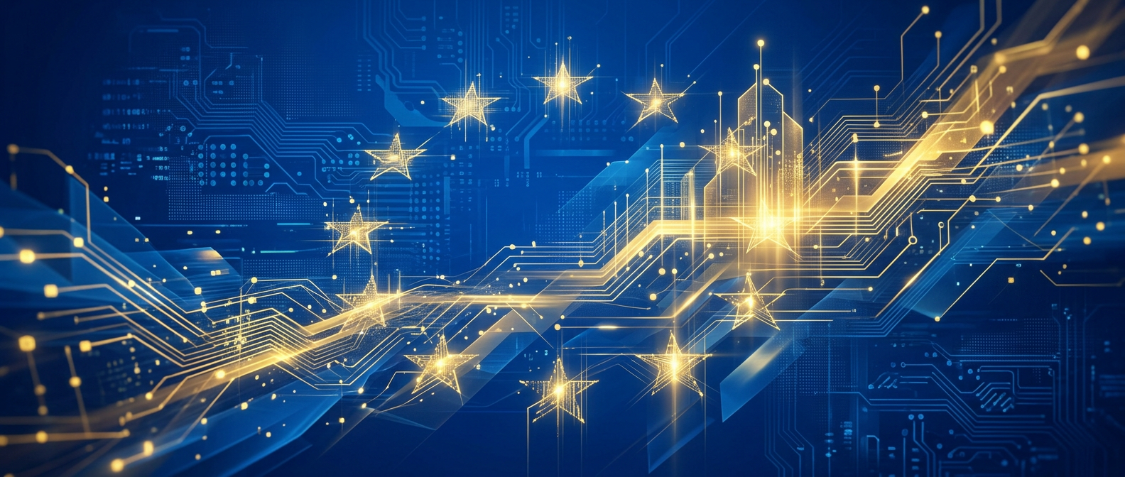 EU AI en soevereiniteit — abstracte Europese kaart met datalijnen, donkerblauw en teal