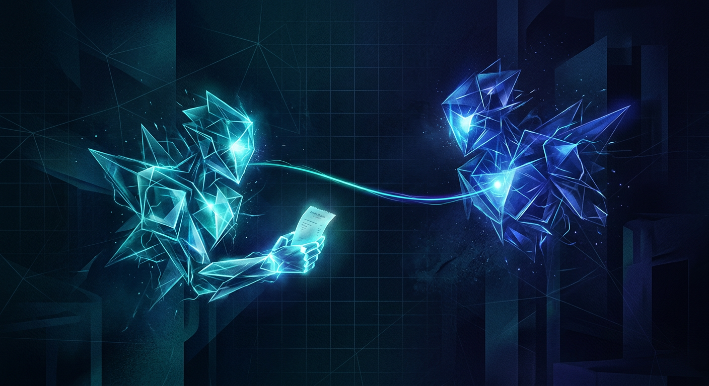 Two abstract agents connected by a beam of light, one holding a receipt