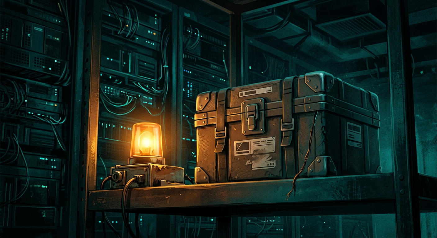 An amber warning light next to an intact sealed archive in a dark server room